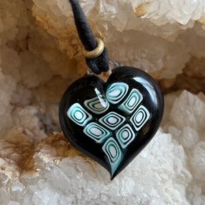 Millefiori Large Lampwork Murano Glass Heart Pendant on Black Cord Necklace